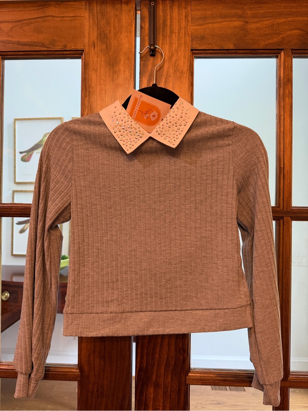 Amy Byer Taupe Ribbed Long-Sleeve Top with Studded Cream Collar